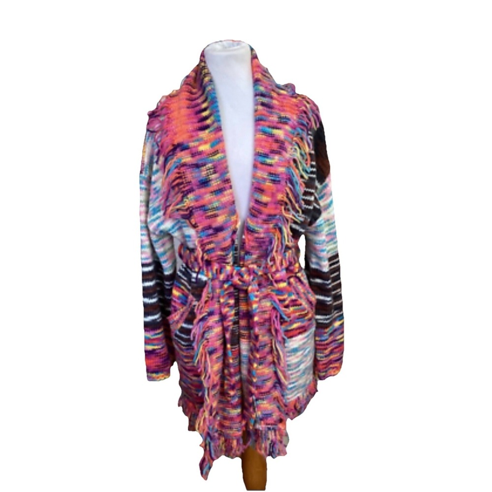 POL Anthropology‎ 80'S RETRO PATCHWORK BELTED FRINGED KNIT CARDIGAN SWEATER SZ M